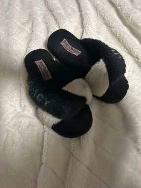 Juicy Couture Black & Cream Plush Cross-Band Slide Slippers